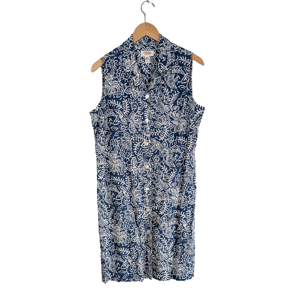 Talbots Midi Shirt Dress Linen Blend Floral Button Tropical Beach Blue Cream 14P
